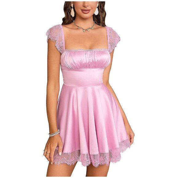Dresses & Skirts - Square Neck Flowy A-Line Ruffle Swing Casual Short Dresses Pink
